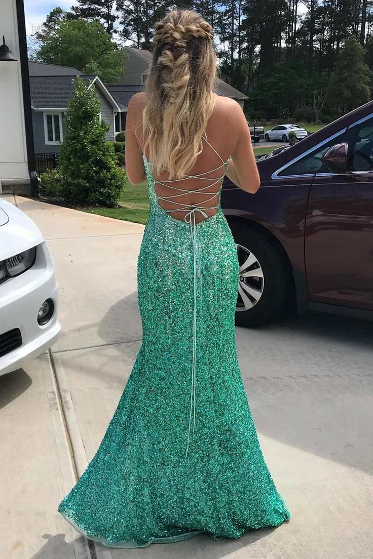 Luolandi Green Sequins Mermaid Long Party Dress with Slit Sparkly Evening Dress Party Dress